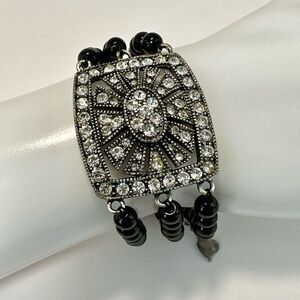 Sterling silver art deco rhinestone black beaded bracelet